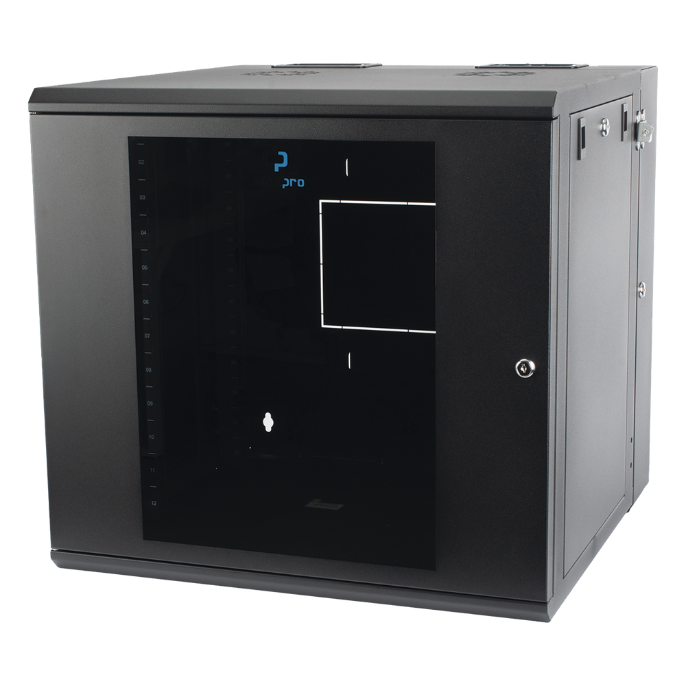 Gabinete Abatible de Pared (Con Marco Trasero) con Rack 19" de 12 Unidades. Ventana de Cristal Templado.