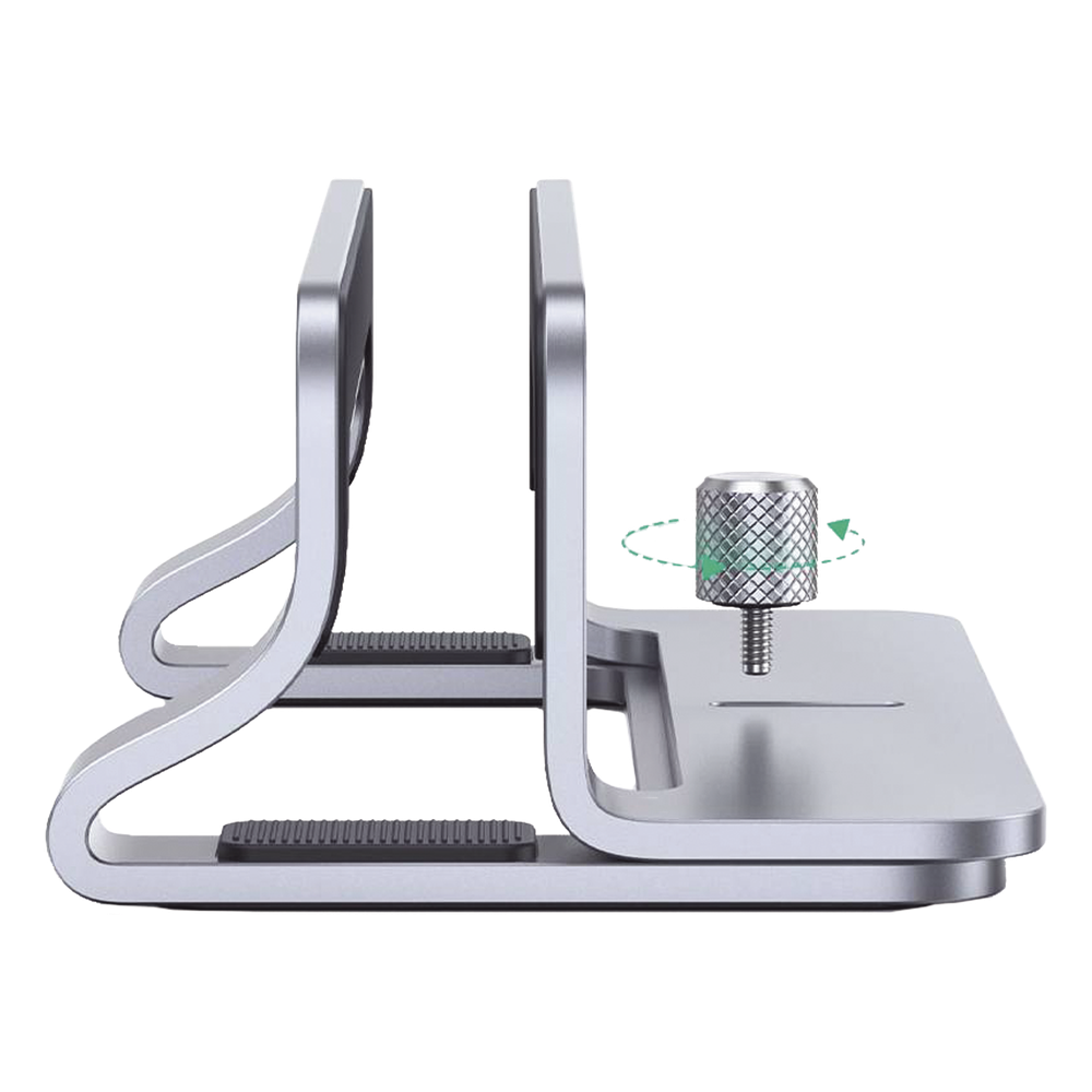 Soporte Vertical para Laptop / Adecuado para escritorio / Anchura Ajustable (12-26mm) / Amplia compatibilidad / Anti-Arañazos / Anti-Deslizante /Ajustable Mediante Tornillos / Color Plata / Aluminio + Silicona