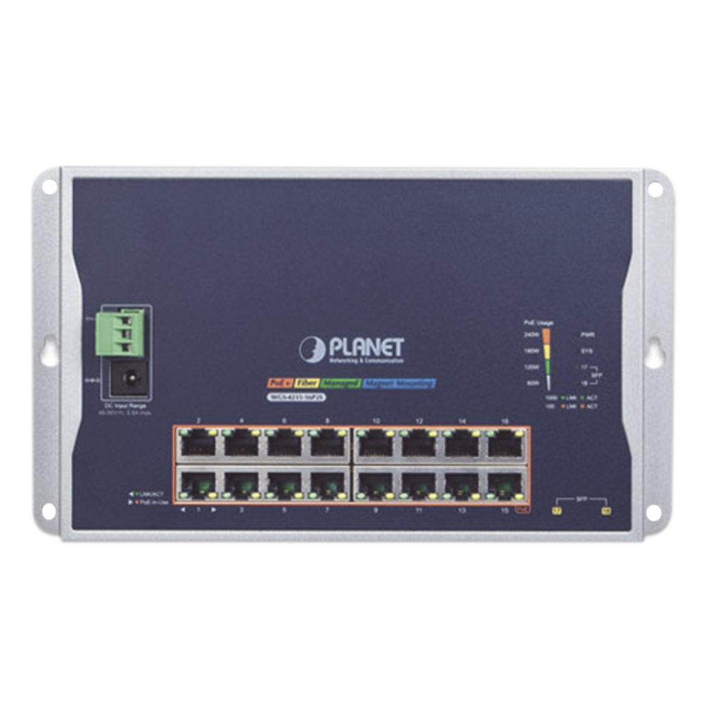 Switch Industrial Administrable Capa 2 de Pared,16 Puertos PoE 802.3at Gigabit y 2 Puertos SFP