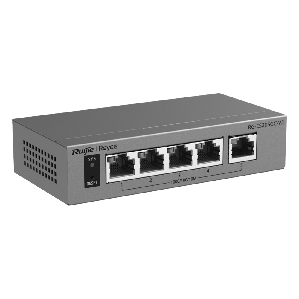 Switch Capa 2 Gestionado en la Nube / 5 Puertos Gigabit / Switching 10 Gbps / Forwarding 7.44 Mpps / Diseño sin Ventilador / Protección 6 kV / Modo CCTV de un Clic / 32 VLANs / Gabinete Metálico / Ruijie Cloud
