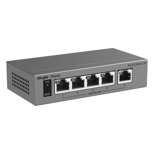 Switch Capa 2 Gestionado en la Nube / 5 Puertos Gigabit / Switching 10 Gbps / Forwarding 7.44 Mpps / Diseño sin Ventilador / Protección 6 kV / Modo CCTV de un Clic / 32 VLANs / Gabinete Metálico / Ruijie Cloud