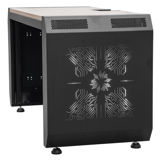 Consola Profesional para Monitoreo o Computo | Ranura para Base de Monitores | Microperforaciones | Luces LED Decorativas | Tomacorriente HTCM1U10C | Tapas Organizadoras de Cables | Niveladores | Rack para Montaje de Equipos | Ranura Pasaca