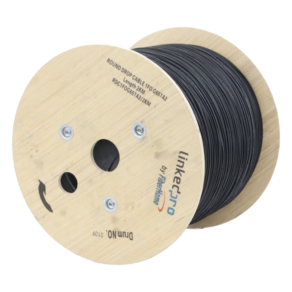 Carrete de 2 km de Fibra Óptica Aérea Tipo Drop Redonda (Figura 0) G.657A2, Monomodo, 1 Hilo, Forro de 3 mm