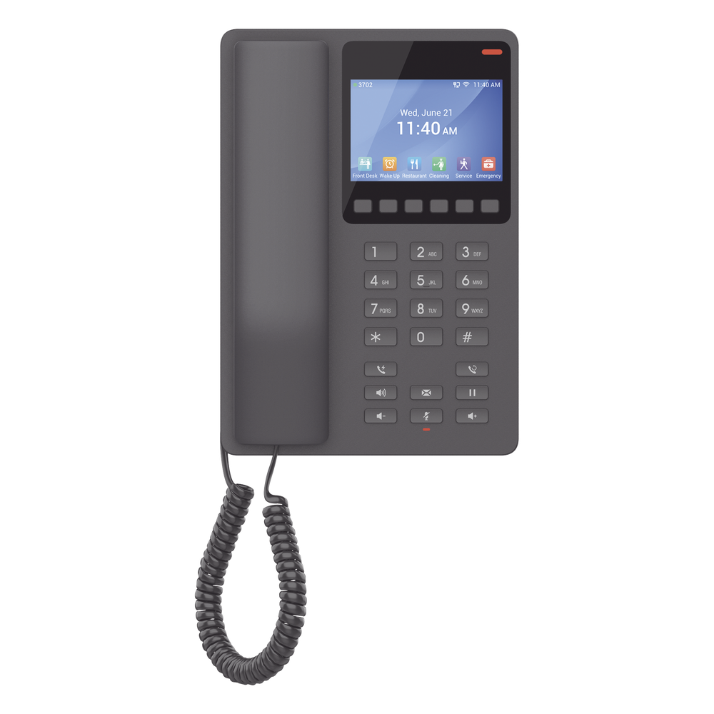 Teléfono IP WiFi Hotelero con pantalla LCD a color, 2 líneas SIP con 2 cuentas, codec Opus, IPV4/IPV6, color negro, con gestión en la nube GDMS