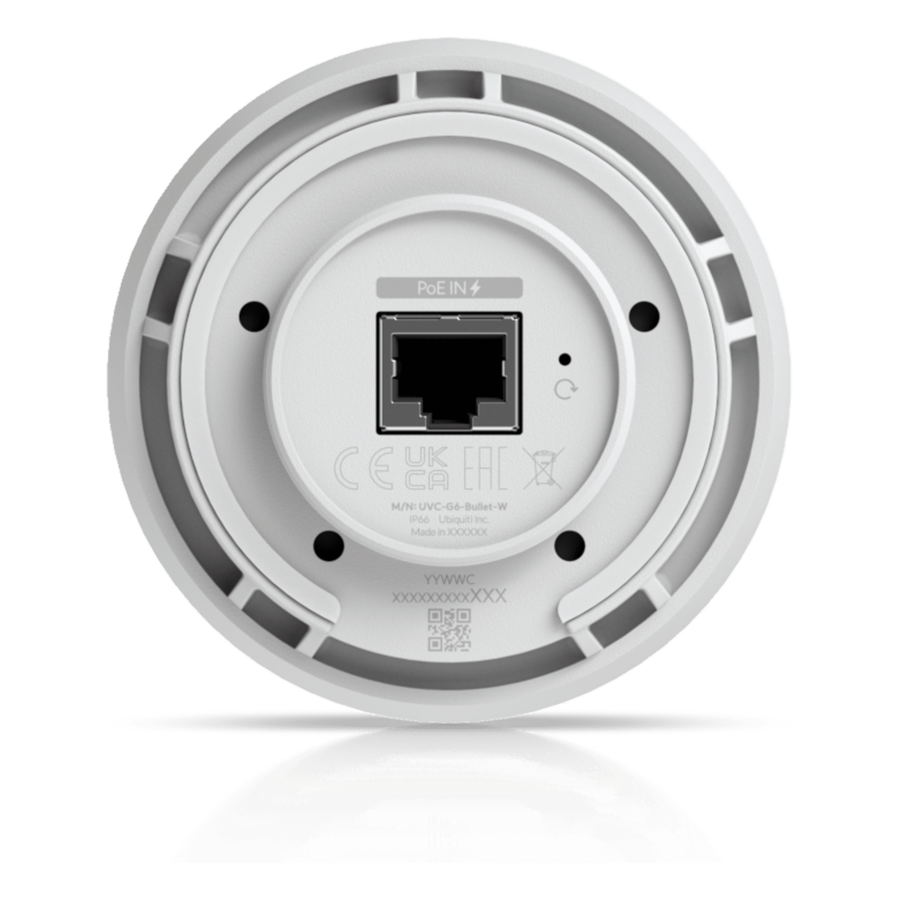 Cámara UniFi Protect G6 Bullet Color Blanco, PoE, 1.8" 4K, AI Multi-TOPS, Visión Nocturna IR 30m, Protección IP66, Reconocimiento Facial y Placa, Montaje en Pared, Techo, Poste