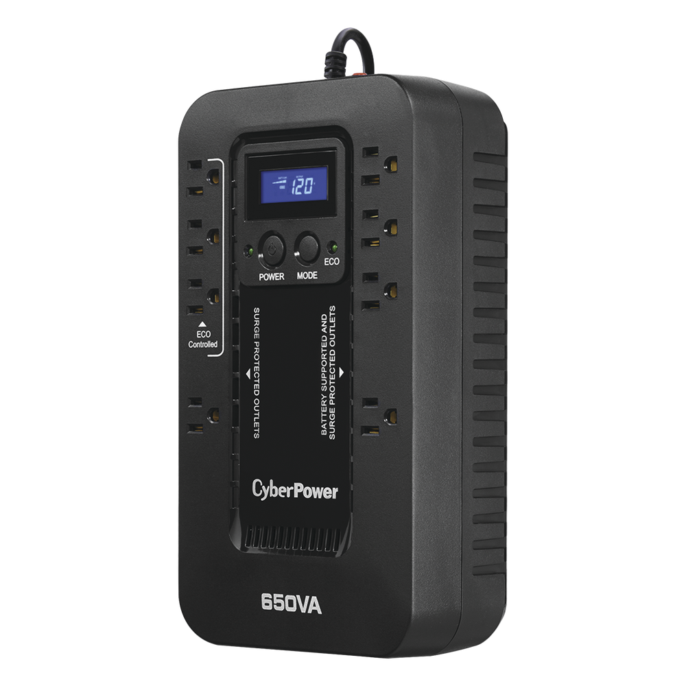 UPS de 650 VA/390 W, Topología Standby con Modo Ahorrador ECO, Entrada 120 Vca NEMA 5-15P, Con 8 Tomas NEMA 5-15R