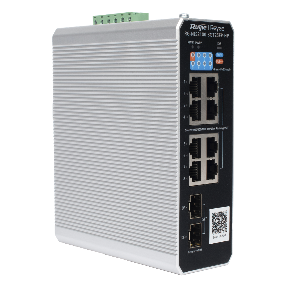 Switch Industrial PoE+ hasta 300 watts , Ideal para temperaturas Extremas y protección contra descargas, 1 puerto PoE++ 60W y 7 puertos PoE+ 30W, 2 SFP Uplink