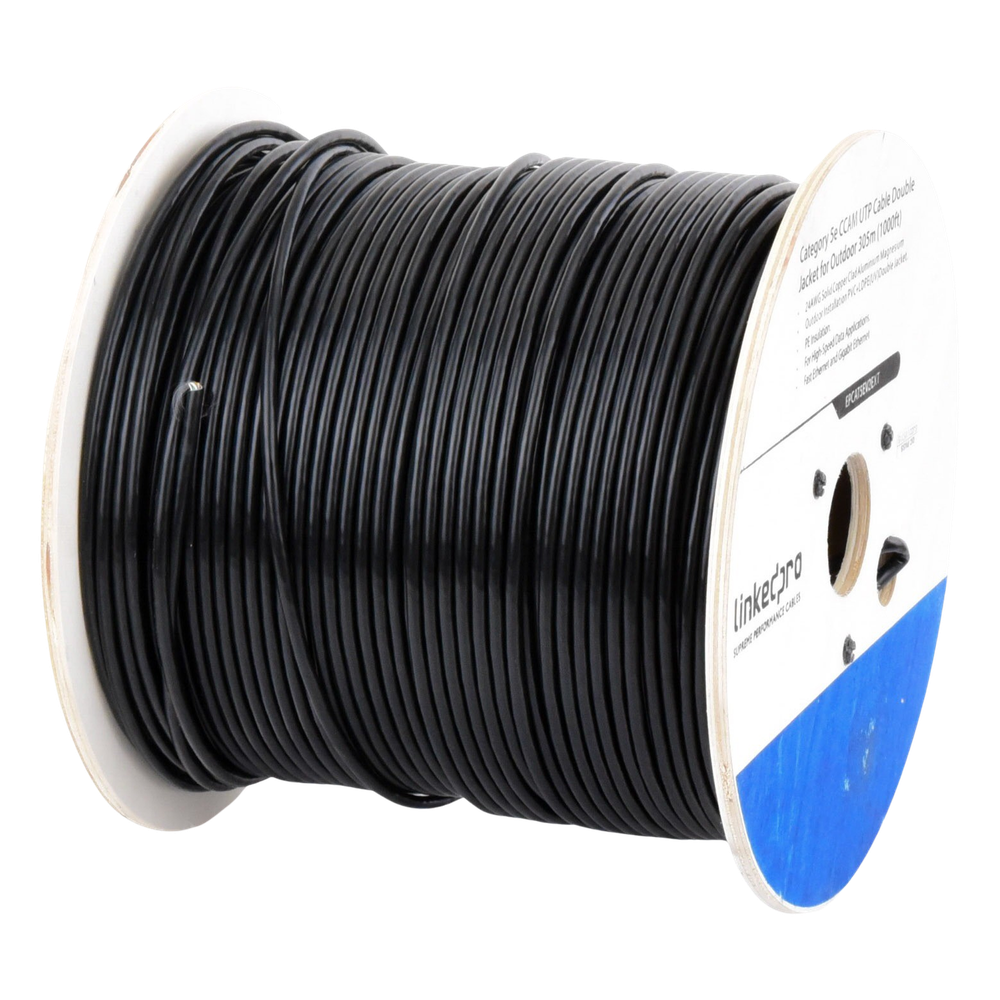 Bobina de Cable de 305 Metros (1000 Pies) Cat5e, Aleación de Cobre y Aluminio (CCA), Color Negro, Uso Intemperie, Doble Forro