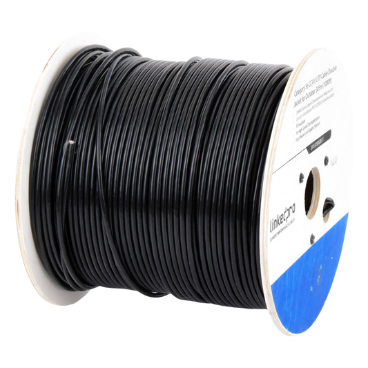 Bobina de Cable de 305 Metros (1000 Pies) Cat5e, Aleación de Cobre y Aluminio (CCA), Color Negro, Uso Intemperie, Doble Forro