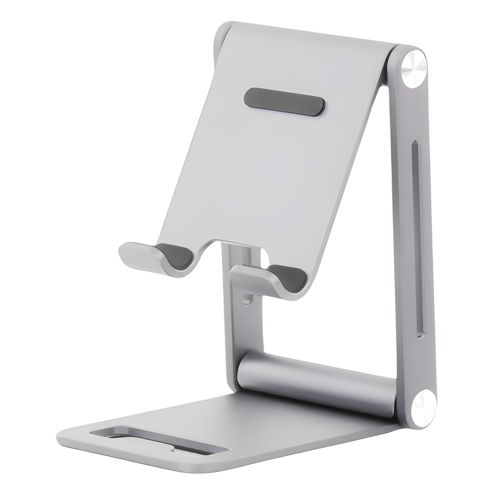 Soporte para Teléfono Celular de Aluminio | Angulo Ajustable | Amplia Compatibilidad con dispositivos de 4.7'' a 7.9'' | Antideslizante | Antiarañazos | Plegable | Color Gris.