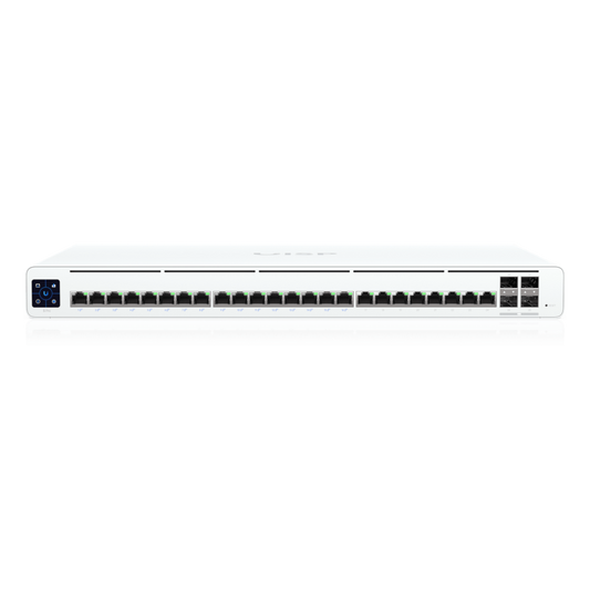 UISP Switch Pro – Switch PoE de 220 W (27 V) con 24 Puertos GbE, 16 Puertos PoE Pasivo 27 V y 4 Puertos SFP+ 10G