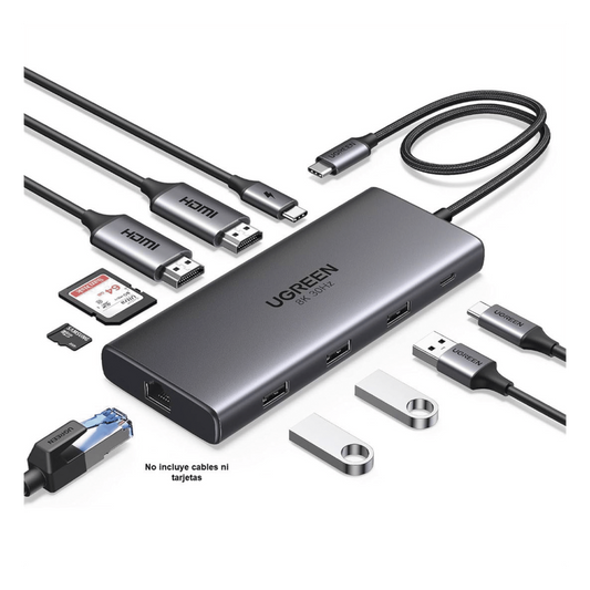 Docking Station USB-C Hub 10 en 1 UGREEN Revodok Pro 210 / Dual HDMI 4K 60Hz y 8K 30Hz / 3 Puertos USB-A + USB-C 3.0 / Carga PD 100W / Ethernet Gigabit 1000M / Lector Tarjetas SD y TF / Compatible Windows y macOS