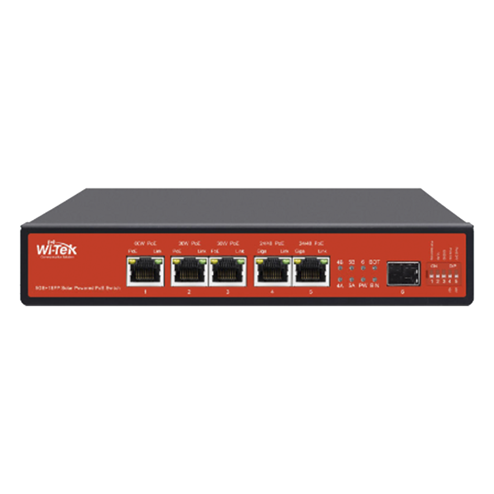 Controlador Solar de 15A con Switch PoE / 1 Puerto Gigabit PoE 802.3 bt / 2 Puertos PoE 802.3 af/at / 2 Puertos PoE Pasivo 24/48 Vcc / 1 Puerto SFP / No administrable