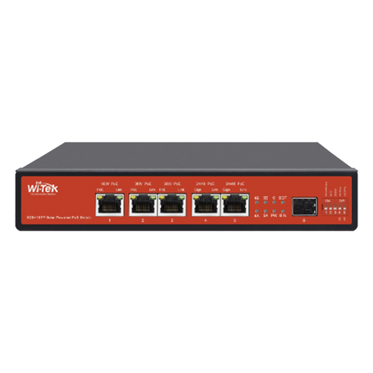 Controlador Solar de 15A con Switch PoE / 1 Puerto Gigabit PoE 802.3 bt / 2 Puertos PoE 802.3 af/at / 2 Puertos PoE Pasivo 24/48 Vcc / 1 Puerto SFP / No administrable