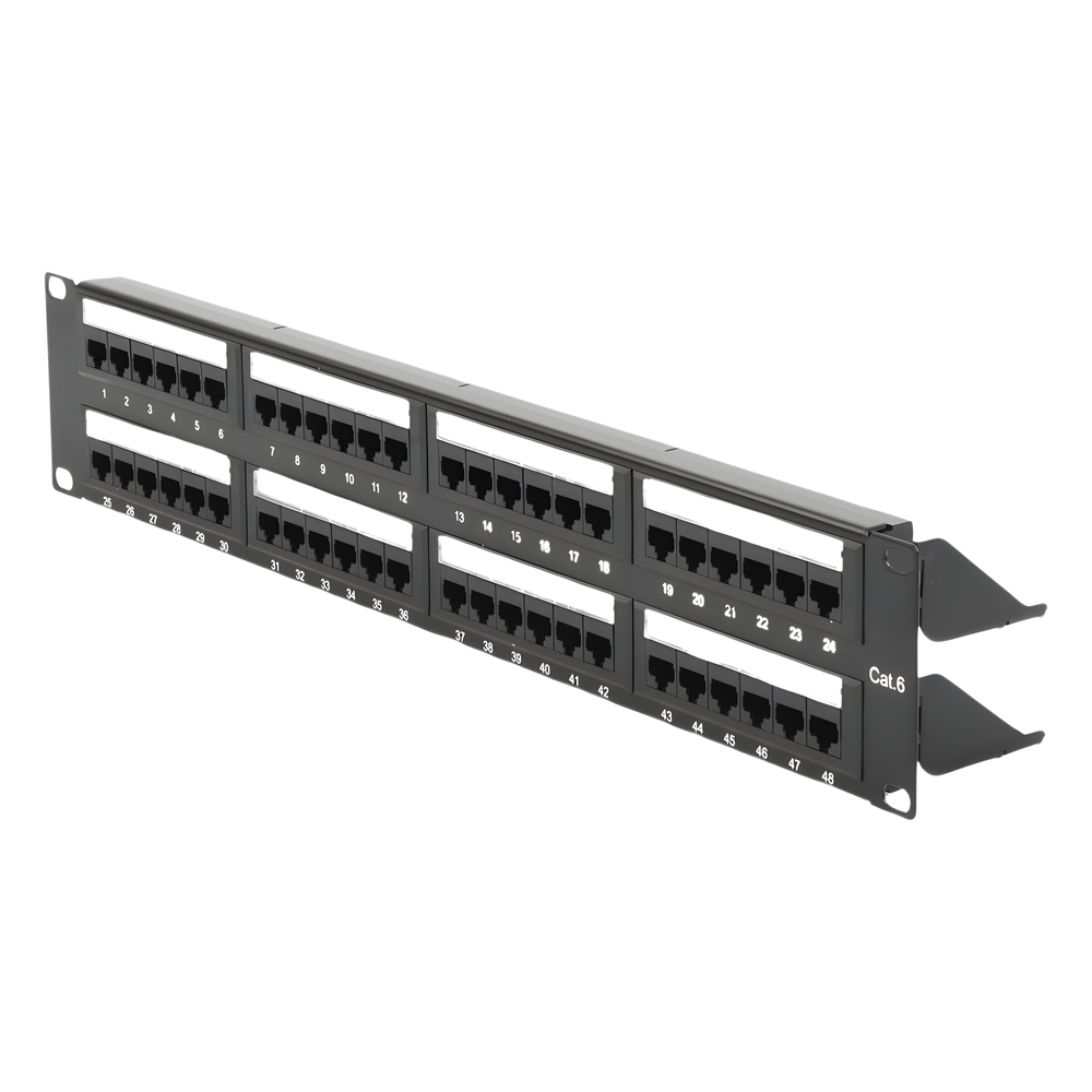 Panel de Parcheo de Impacto (110) UTP de 48 Puertos Cat6, 19 Pulgadas (48.26 cm), 2U, con Barra para Organizar Cable