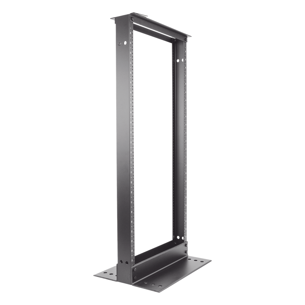 Rack de Dos Postes Estándar de 19 in, Rieles Numerados y Roscados #12-24, Fabricado en Aluminio, 24 Unidades de Rack, Color Negro