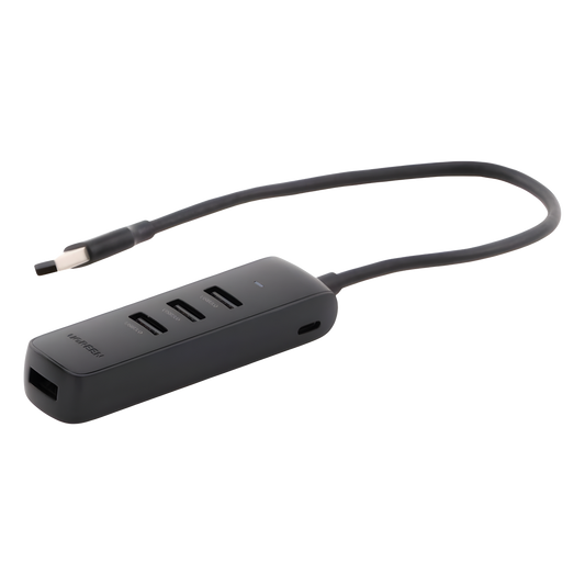 HUB USB-A 3.0 4 en 1 | 4 Puertos USB-A 3.0 (5Gbps) | Cable de 25 cm | Indicador Led | Ideal para Transferencia de Datos | Entrada USB-C para alimentar equipos de mayor consumo como discos duros | Color Negro.