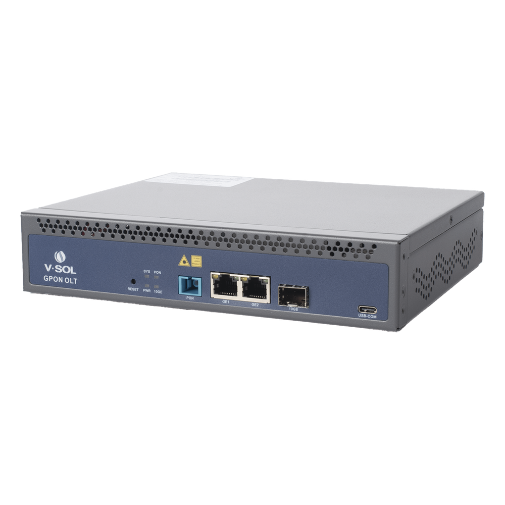 OLT de 1 puerto GPON SC/UPC + 3 puertos Uplink (2 puertos Gigabit Ethernet + 1 puerto SFP/SFP+), Fuente de alimentación redundante AC/DC , hasta 128 ONUS