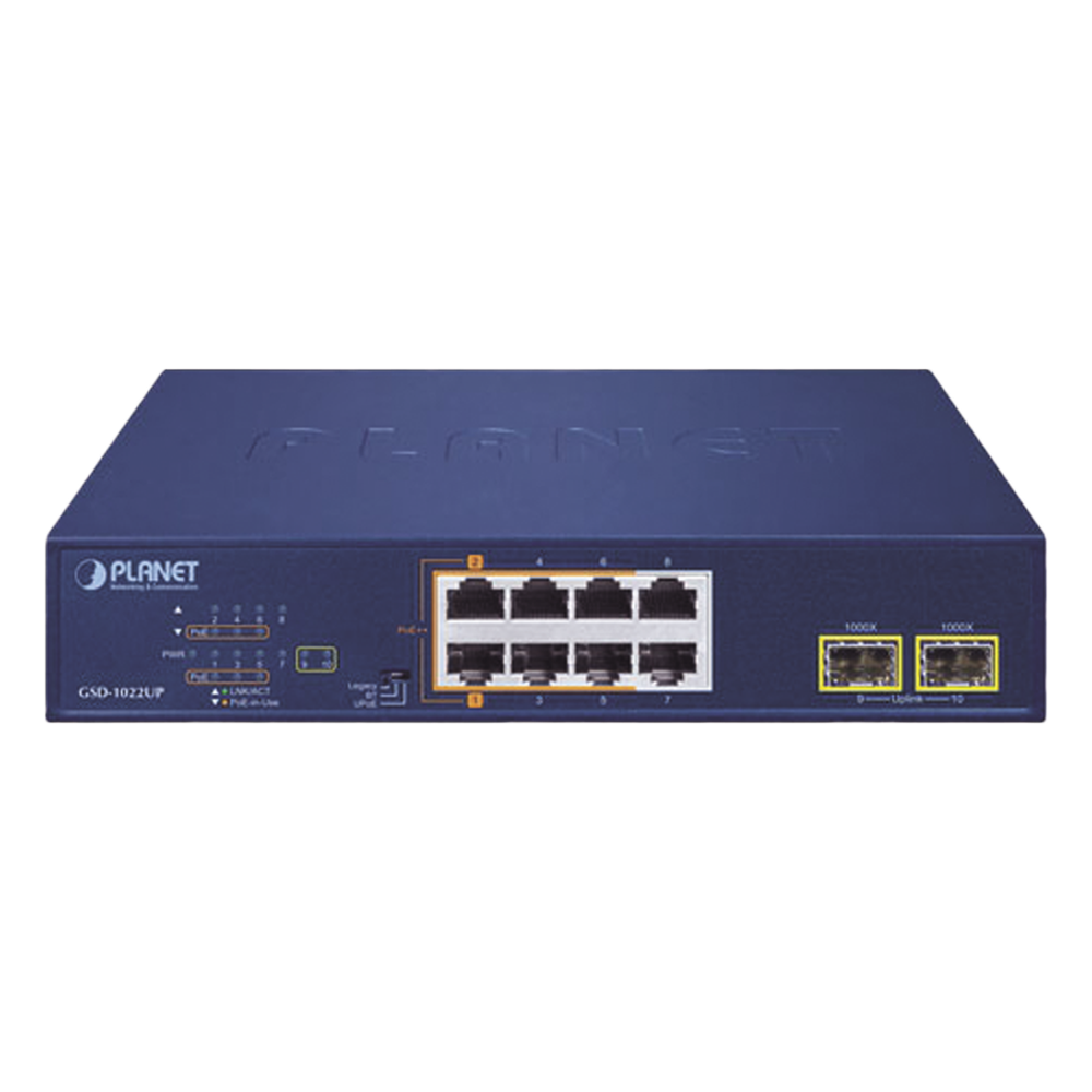 Switch PoE No Administrable de Escritorio, 2 Puertos Gigabit 802.3bt, 4 Puertos Gigabit 802.3at, 2 Puertos 10/100/1000, 2 Puertos SFP Gigabit.