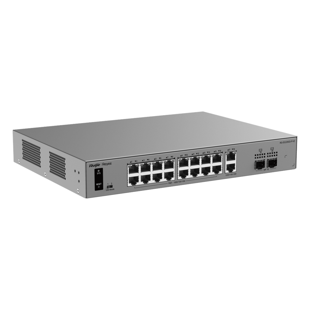 Switch Smart Cloud Managed PoE+ Capa 2 / 20 Puertos Gigabit / 16 Puertos PoE+ 250 W / 2 SFP 1G / Switching 40 Gbps / Forwarding 29.76 Mpps / Protección 6 kV / Gestión Cloud Ruijie / Metal / Rack