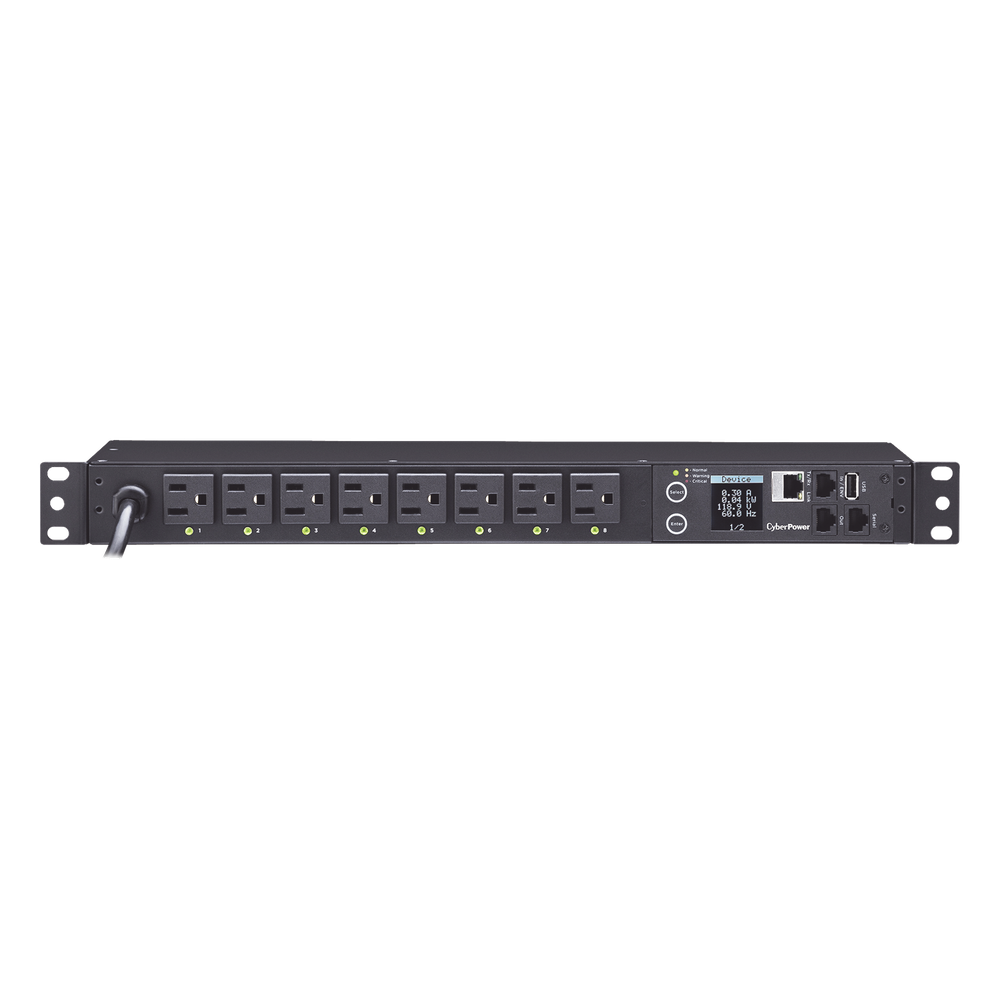PDU Switchable por Toma, Para Distribución de Energía, Entrada 120 Vca NEMA 5-15P, Con 8 Salidas NEMA 5-15R, Horizontal 19in, 1UR