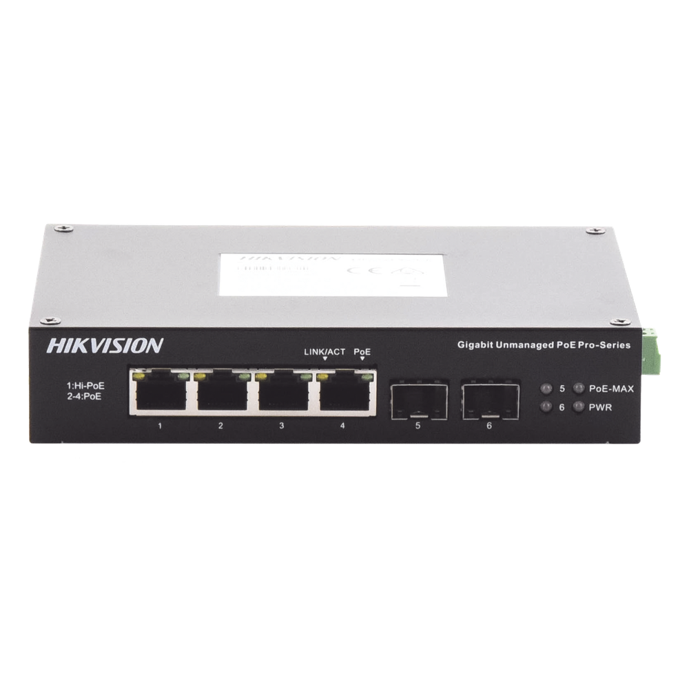 Switch Industrial No Administrable Gigabit / 3 Puertos Gigabit PoE+ (30 W) + 1 Puerto Gigabit PoE++ (60 W) / 2 Puertos SFP / 65 W Total / 48 a 57 VCD / Ideal para Proyectos / 300 Metros de Distancia