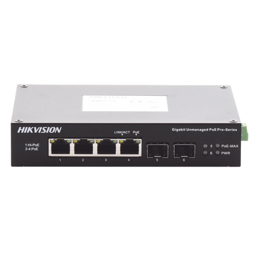 Switch Industrial No Administrable Gigabit / 3 Puertos Gigabit PoE+ (30 W) + 1 Puerto Gigabit PoE++ (60 W) / 2 Puertos SFP / 65 W Total / 48 a 57 VCD / Ideal para Proyectos / 300 Metros de Distancia
