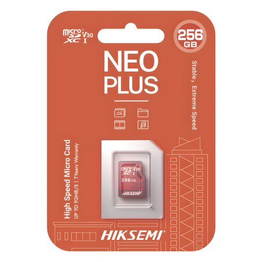 MicroSD HIKSEMI NEO Plus / 256 GB / 95 MB/s Lectura / 55 MB/s Escritura / Clase 10 U3 / TLC NAND / Especializada Para Videovigilancia 24/7