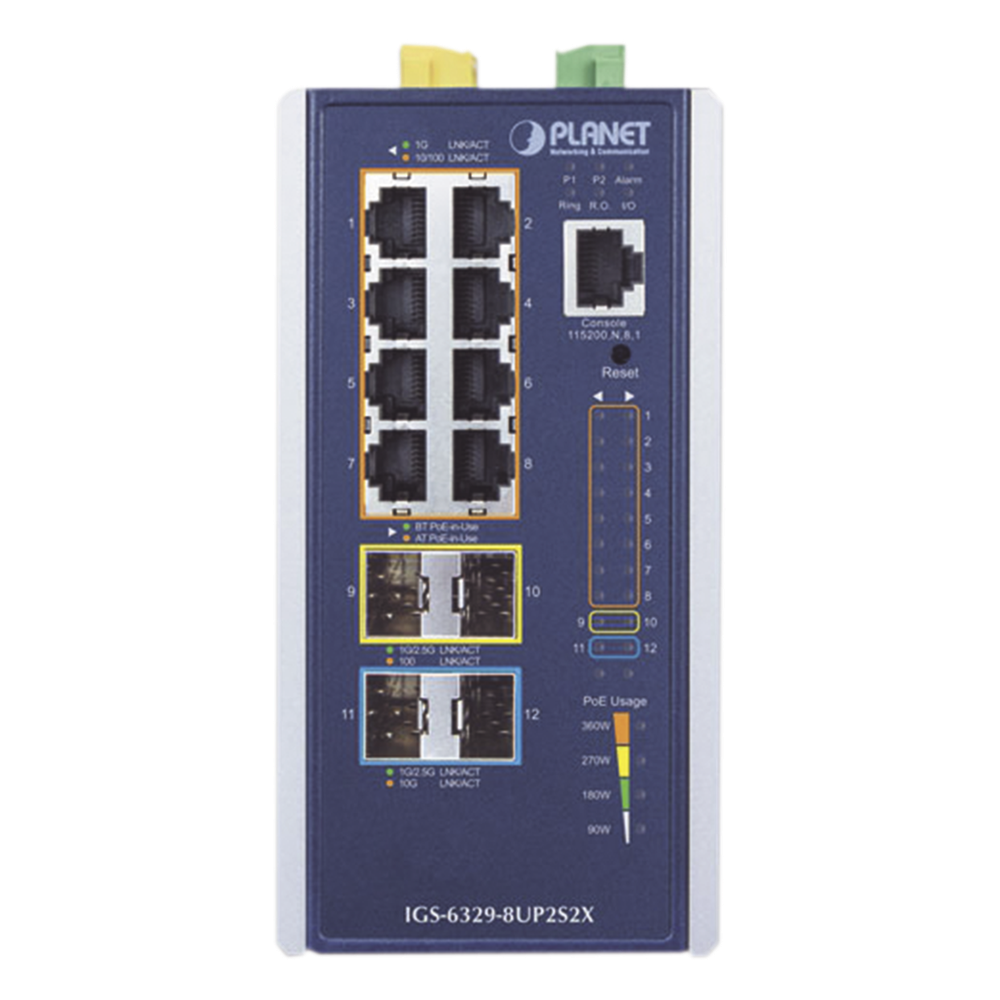 Switch Industrial Administrable Capa 3, Con 8 Puertos PoE Gigabit 802.3bt, 2 Puertos SFP de 1 G / 2.5 G, 2 Puertos SFP 10 G