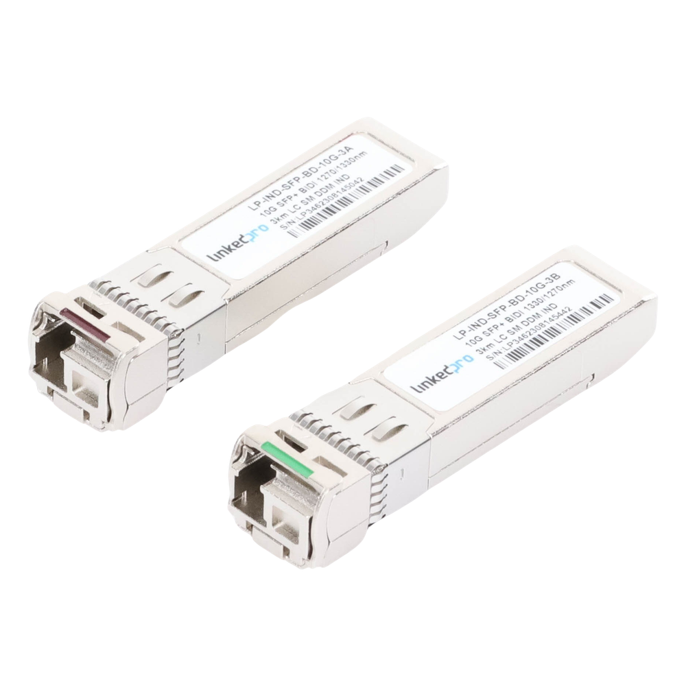 Transceptores Ópticos Industriales Bidireccionales SFP+ (Mini-Gbic) / Monomodo 1270 & 1330 nm / 10 Gbps / 10GBASE / Conector LC/UPC Simplex / DDM / Hasta 3 km / 2 Piezas