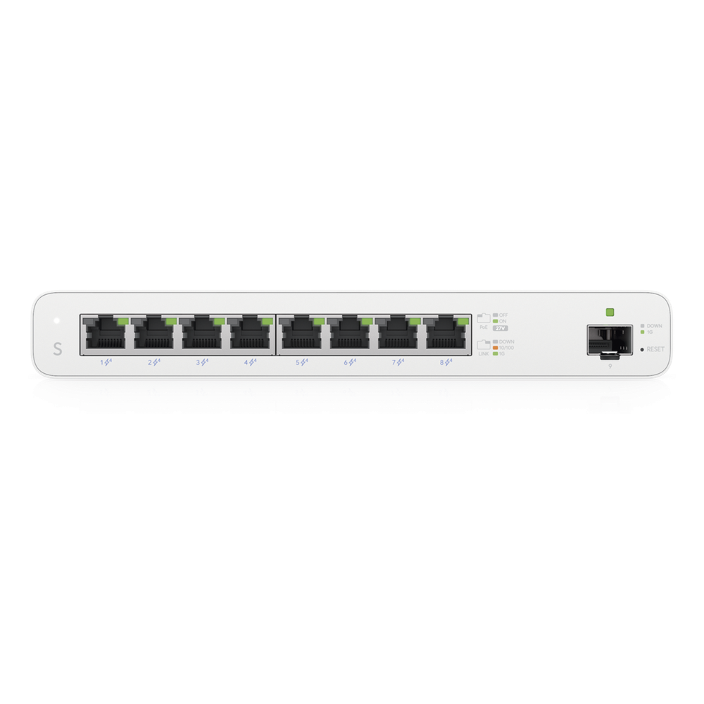 UISP Switch – Switch PoE Pasivo de 110 W (27 V) con 8 Puertos GbE y 1 Puerto SFP