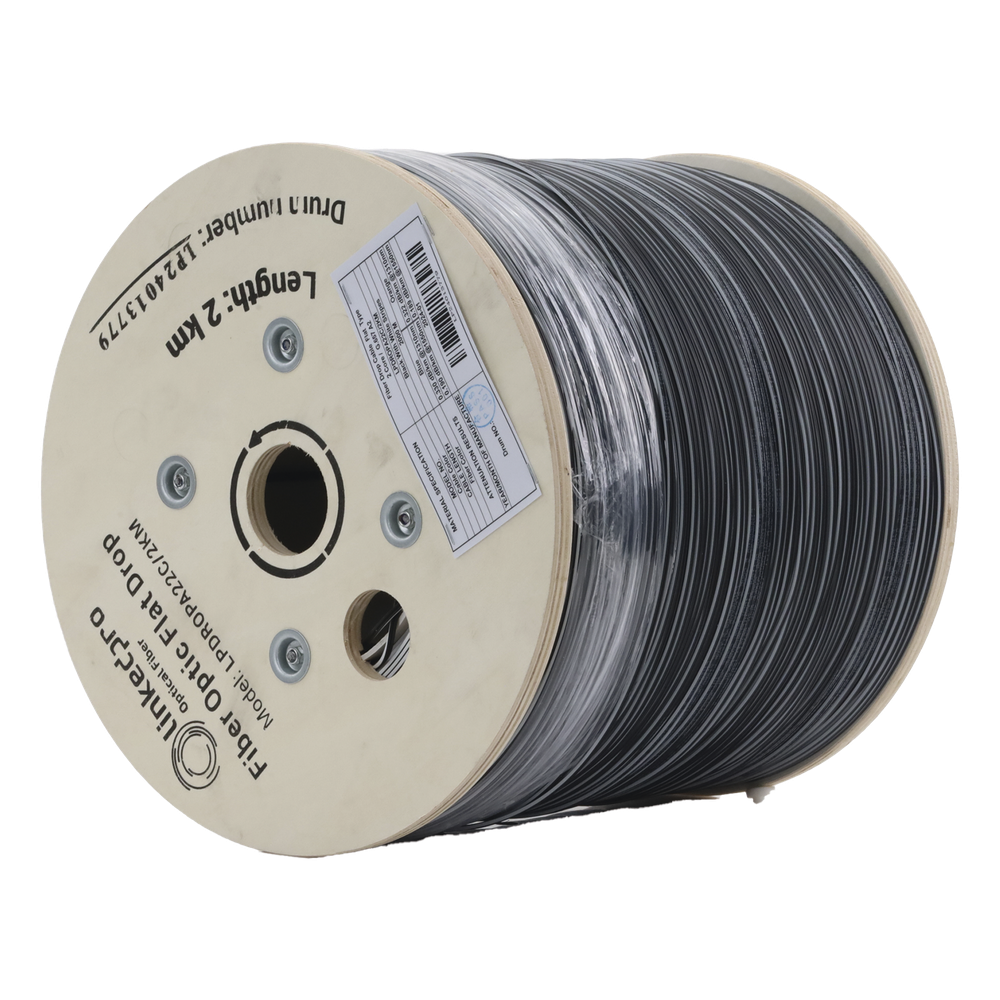 Carrete de 2 km de Fibra Óptica Drop Plana, Interior/Exterior G.657A2 Monomodo de 2 Hilos (Bifibra), Dieléctrica, Forro Negro, (No Soporta Conectores Mecánicos)