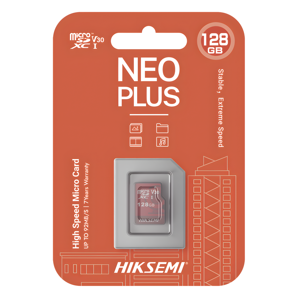 MicroSD HIKSEMI NEO Plus / 128 GB / 95 MB/s Lectura / 50 MB/s Escritura / Clase 10 U3 / TLC NAND / Especializada Para Videovigilancia 24/7
