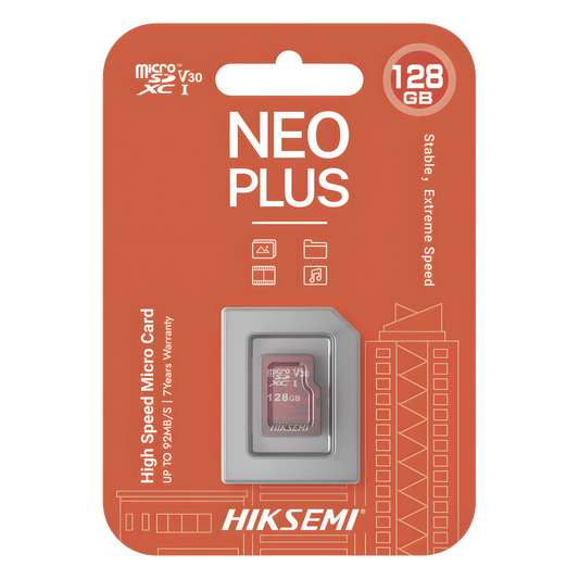 MicroSD HIKSEMI NEO Plus / 128 GB / 95 MB/s Lectura / 50 MB/s Escritura / Clase 10 U3 / TLC NAND / Especializada Para Videovigilancia 24/7