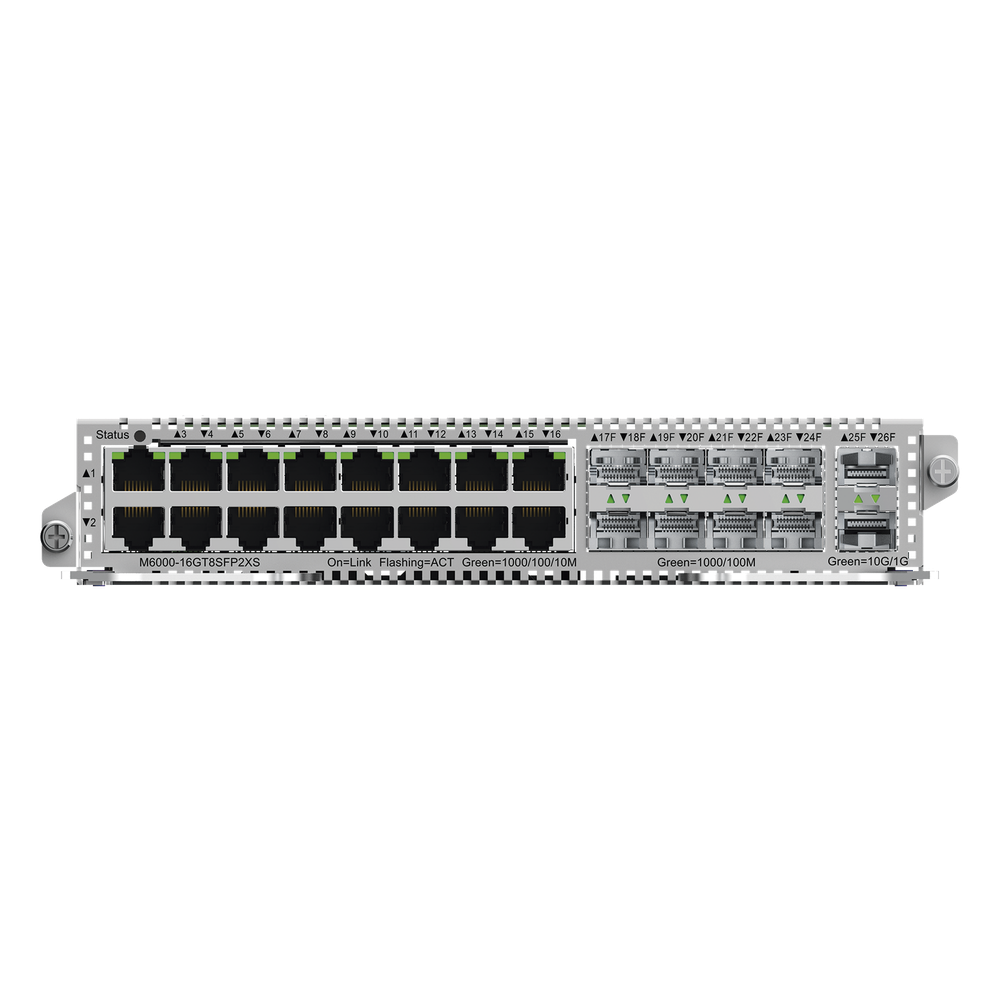 Tarjeta de Red con 16 puertos RJ45 1Gb, 8 puertos SFP 1Gb y 2 puertos SFP+ 10Gb para Chasis RG-NBS6002