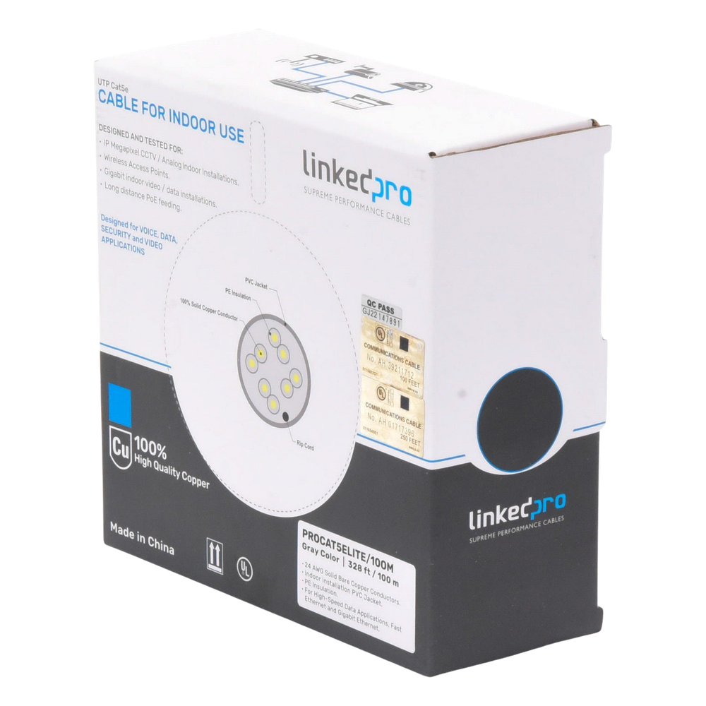 Bobina de Cable de 100 Metros (328.08 Pies), Cat5e, 24 AWG, Color Gris, UL, para Aplicaciones en Videovigilancia, Redes de Datos. Uso Interior
