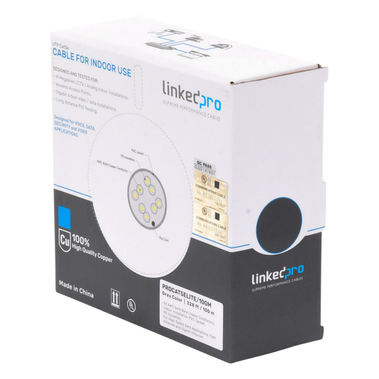 Bobina de Cable de 100 Metros (328.08 Pies), Cat5e, 24 AWG, Color Gris, UL, para Aplicaciones en Videovigilancia, Redes de Datos. Uso Interior