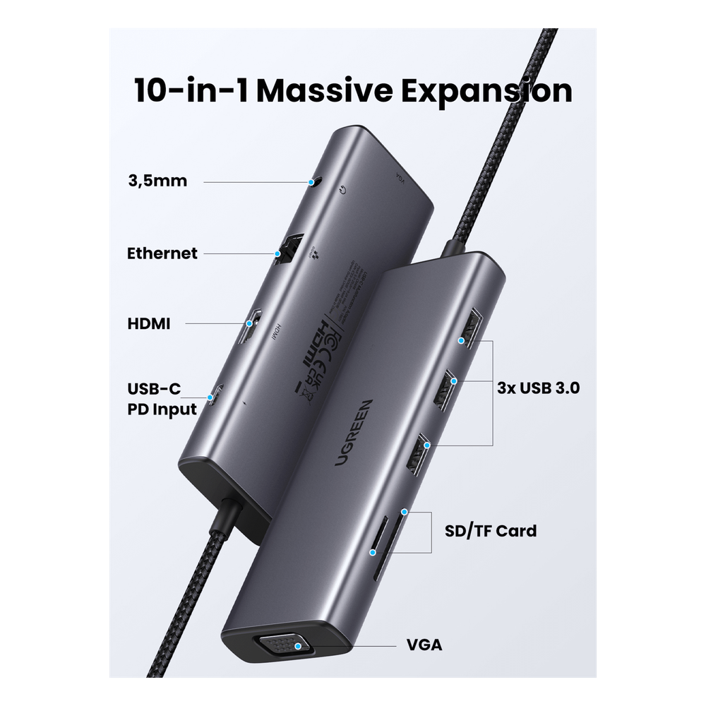 Hub USB-C 10 en 1 / HDMI 4K@30Hz + VGA 1920x1200 / 3x USB 3.0 5Gbps / Ethernet Gigabit / SD/TF Card Reader / PD 100W / Audio 3.5mm / Doble Pantalla Simultánea / Plug & Play Universal