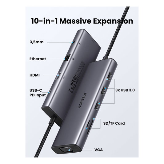 Hub USB-C 10 en 1 / HDMI 4K@30Hz + VGA 1920x1200 / 3x USB 3.0 5Gbps / Ethernet Gigabit / SD/TF Card Reader / PD 100W / Audio 3.5mm / Doble Pantalla Simultánea / Plug & Play Universal