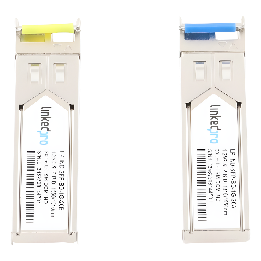 Transceptores Ópticos Industriales Bidireccionales SFP (Mini-Gbic) / Monomodo 1310 & 1550 nm / 1.25 Gbps / 1000BASE-BX / Conector LC/UPC Simplex / DDM / Hasta 20 km / 2 Piezas
