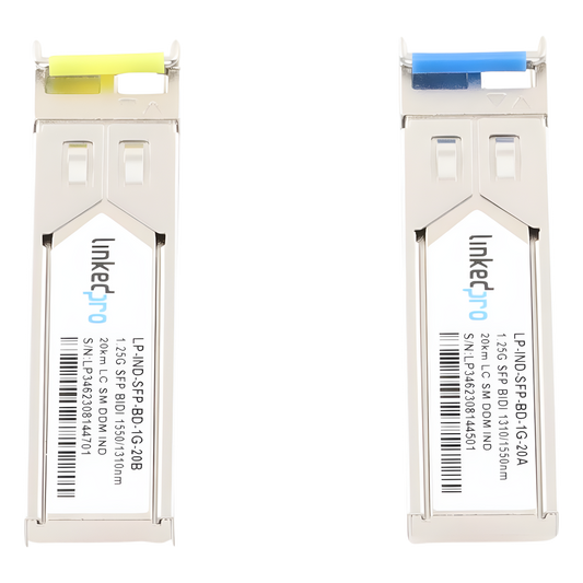 Transceptores Ópticos Industriales Bidireccionales SFP (Mini-Gbic) / Monomodo 1310 & 1550 nm / 1.25 Gbps / 1000BASE-BX / Conector LC/UPC Simplex / DDM / Hasta 20 km / 2 Piezas