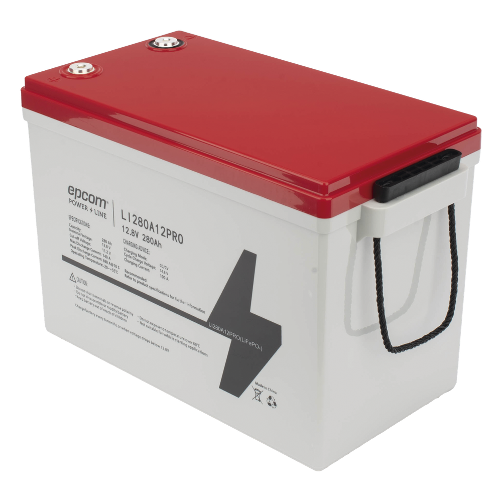 Batería de Litio Ciclo Profundo / 12.8 Vcc 280Ah (3.58 kWh) / LiFePO4 / 6000 Ciclos / Descarga 140A / Carga Rápida 100A / Solar y Marina / BMS con Corte a 11.2V