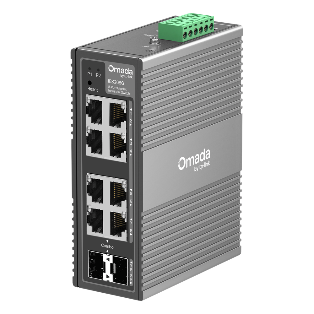 Switch Industrial Omada Easy Managed / 8 Puertos Gigabit (6× RJ45 + 2× RJ45/SFP Combo) / 16 Gbps Switching / -40°C a 75°C / Protección Rayos 6kV / Gestión Cloud / Montaje DIN Rail o Pared / IP40