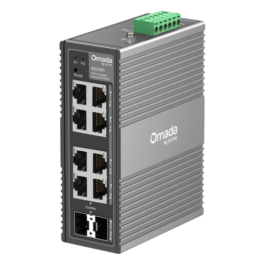 Switch Industrial Omada Easy Managed / 8 Puertos Gigabit (6× RJ45 + 2× RJ45/SFP Combo) / 16 Gbps Switching / -40°C a 75°C / Protección Rayos 6kV / Gestión Cloud / Montaje DIN Rail o Pared / IP40