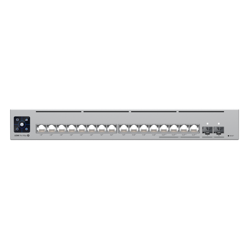 UniFi Switch Pro Max 16 PoE con funciones Capa 3, 16 puertos EtherLight RGB / (4) puertos 2.5 GbE POE++ y (12) puertos GbE POE+ /(2) puertos SFP+ 10G /con pantalla táctil informativa, hasta 180W de presupuesto POE