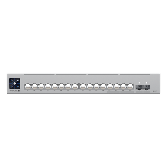 UniFi Switch Pro Max 16 PoE con funciones Capa 3, 16 puertos EtherLight RGB / (4) puertos 2.5 GbE POE++ y (12) puertos GbE POE+ /(2) puertos SFP+ 10G /con pantalla táctil informativa, hasta 180W de presupuesto POE