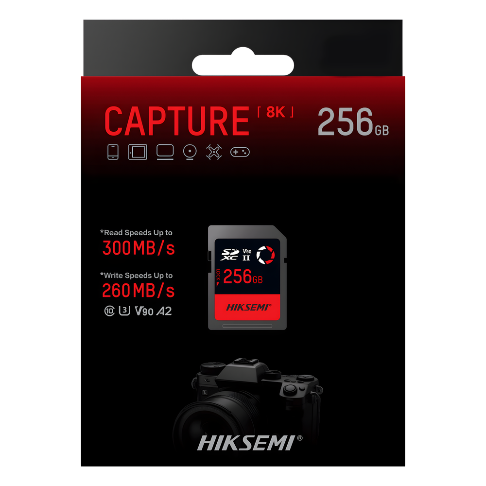 Memoria SD / 256 GB / 300 MB/s Lectura / 260 MB/s Escritura / V90 U3 / Para Video 8K Profesional / HIKSEMI CAPTURE E90