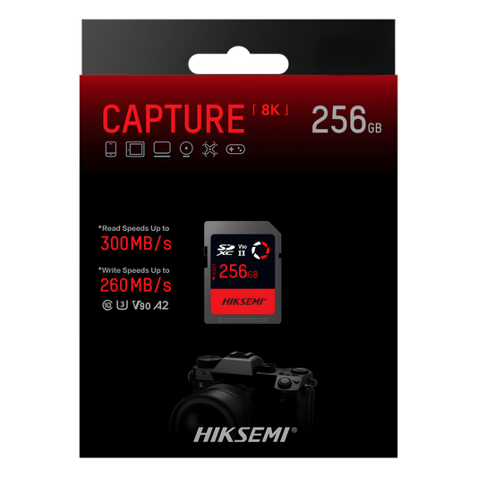 Memoria SD / 256 GB / 300 MB/s Lectura / 260 MB/s Escritura / V90 U3 / Para Video 8K Profesional / HIKSEMI CAPTURE E90