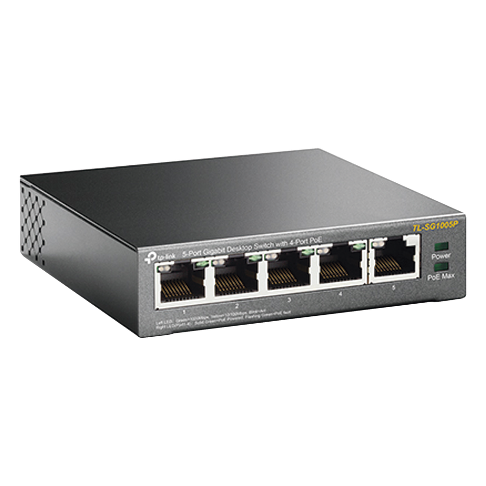 Switch Escritorio No Administrable de 5 puertos 10/100/1000 Mbps / Con 4 puertos PoE 802.3af/at de hasta 65 W / PoE Extendido hasta 250 metros