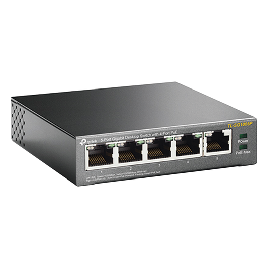 Switch Escritorio No Administrable de 5 puertos 10/100/1000 Mbps / Con 4 puertos PoE 802.3af/at de hasta 65 W / PoE Extendido hasta 250 metros